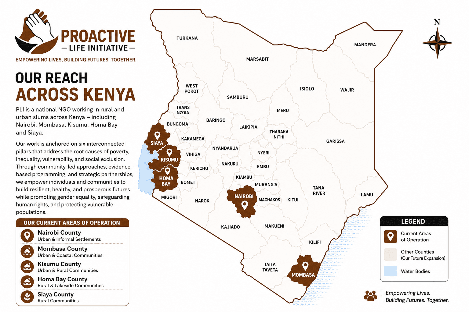 Map of Proactive Life Initiative's areas of operation across Kenya